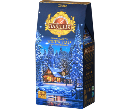 Herbata Basilur Winter Stars w eleganckim pudełku z zimową grafiką, idealna na prezent.