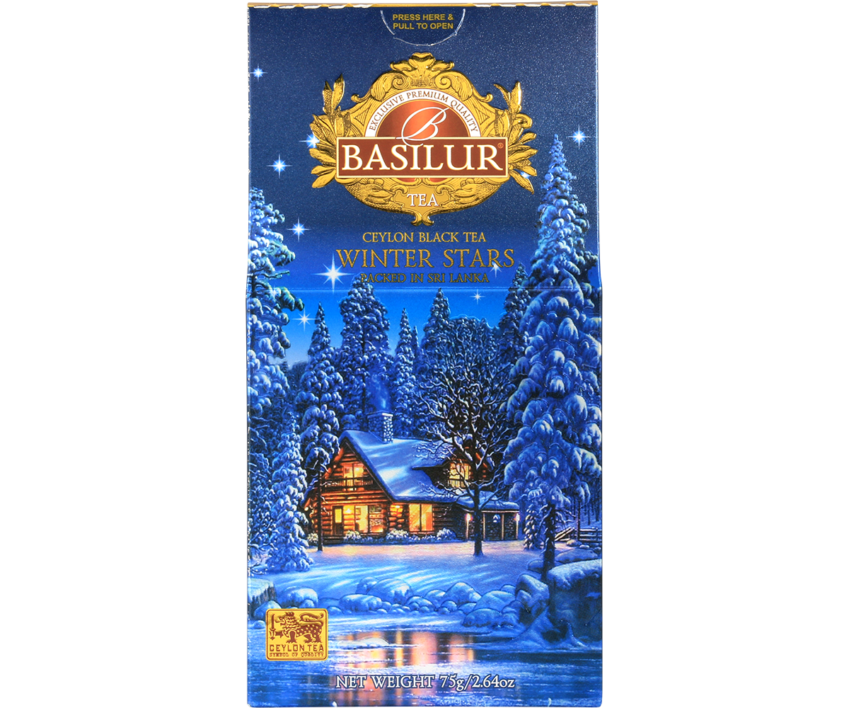 Zbliżenie na opakowanie Basilur Winter Stars z logo i zimowym motywem, herbata czarna cejlońska 75 g.