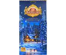 Zbliżenie na opakowanie Basilur Winter Stars z logo i zimowym motywem, herbata czarna cejlońska 75 g.