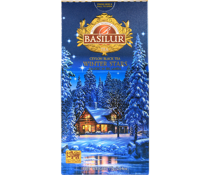 Zbliżenie na opakowanie Basilur Winter Stars z logo i zimowym motywem, herbata czarna cejlońska 75 g.
