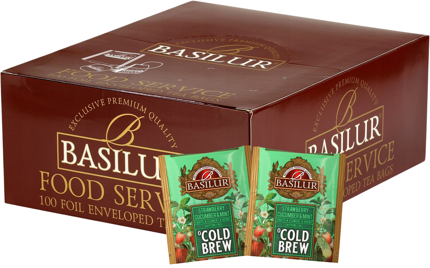 Opakowanie zbiorcze Basilur Strawberry Cucumber & Mint Cold Brew, herbaty w saszetkach z truskawką, ogórkiem i miętą.