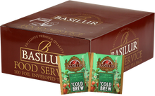 Opakowanie zbiorcze Basilur Strawberry Cucumber & Mint Cold Brew, herbaty w saszetkach z truskawką, ogórkiem i miętą.