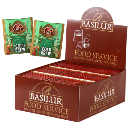 Zestaw herbat Basilur Strawberry Cucumber & Mint Cold Brew w ekspozytorze, orzeźwiająca herbata bez kofeiny.