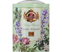 Przód ozdobnej puszki Basilur Floral Bouquet z motywem róż i jaśminu.