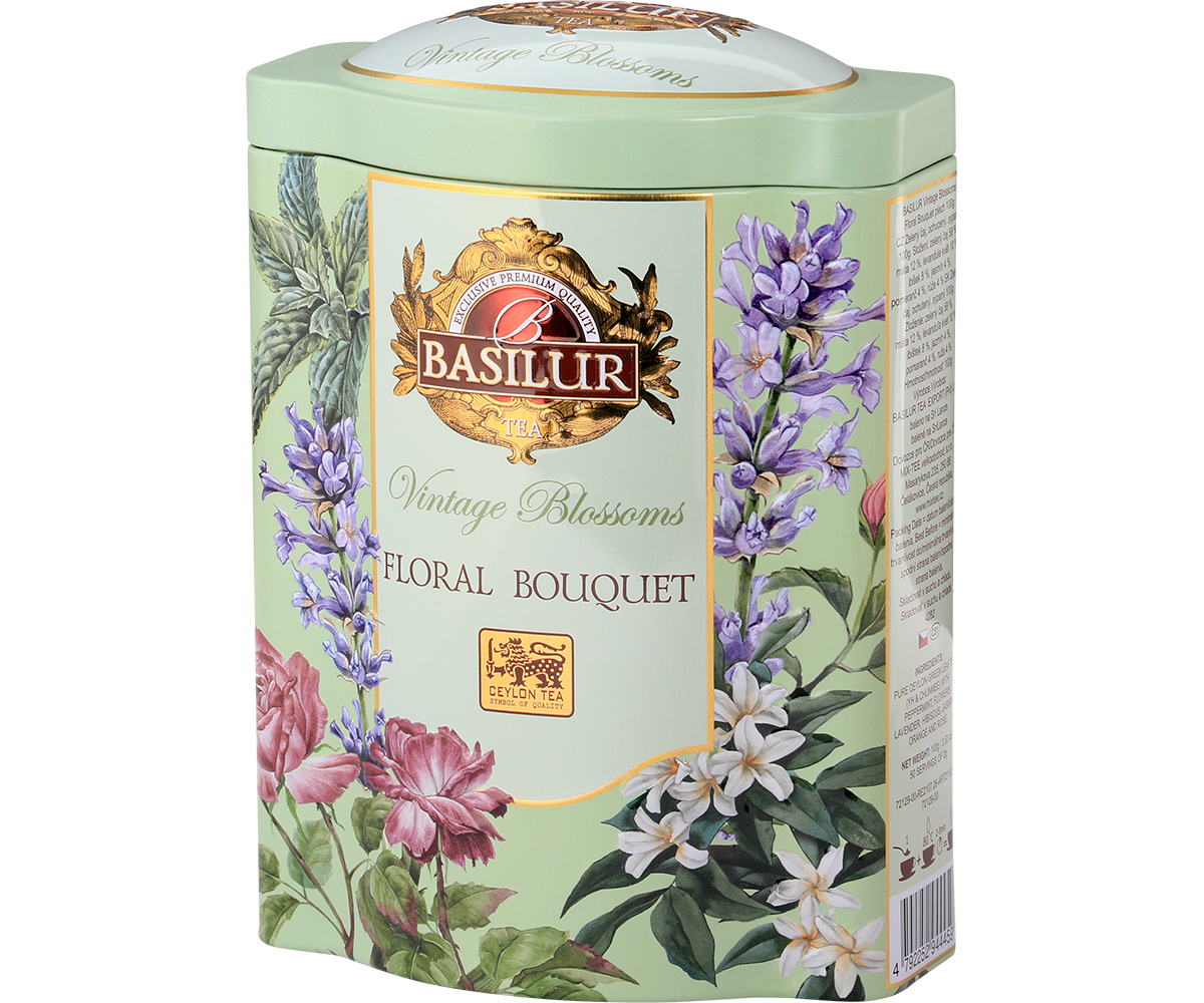 Bok puszki Basilur Floral Bouquet z informacjami o składzie i logo Basilur Tea.