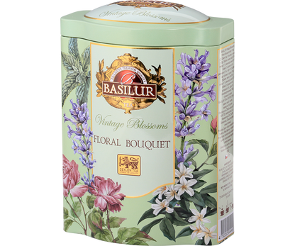 Bok puszki Basilur Floral Bouquet z informacjami o składzie i logo Basilur Tea.