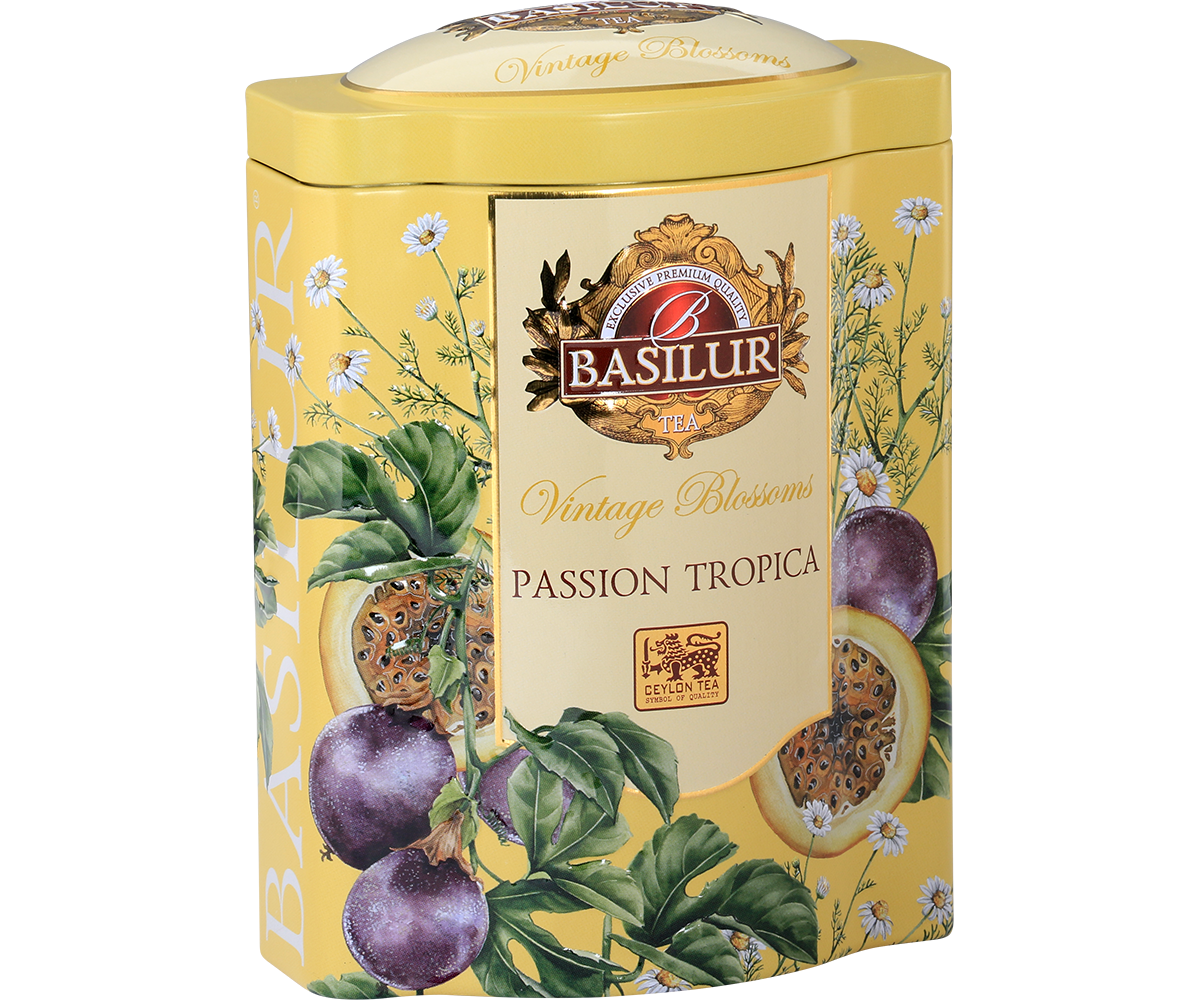 Puszka herbaty Basilur Passion Tropica z motywem marakui i kwiatów.