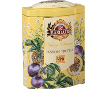 Puszka herbaty Basilur Passion Tropica z motywem marakui i kwiatów.