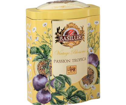 Puszka herbaty Basilur Passion Tropica z motywem marakui i kwiatów.