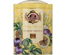 Przód ozdobnej puszki Basilur Passion Tropica zielona herbata cejlońska.