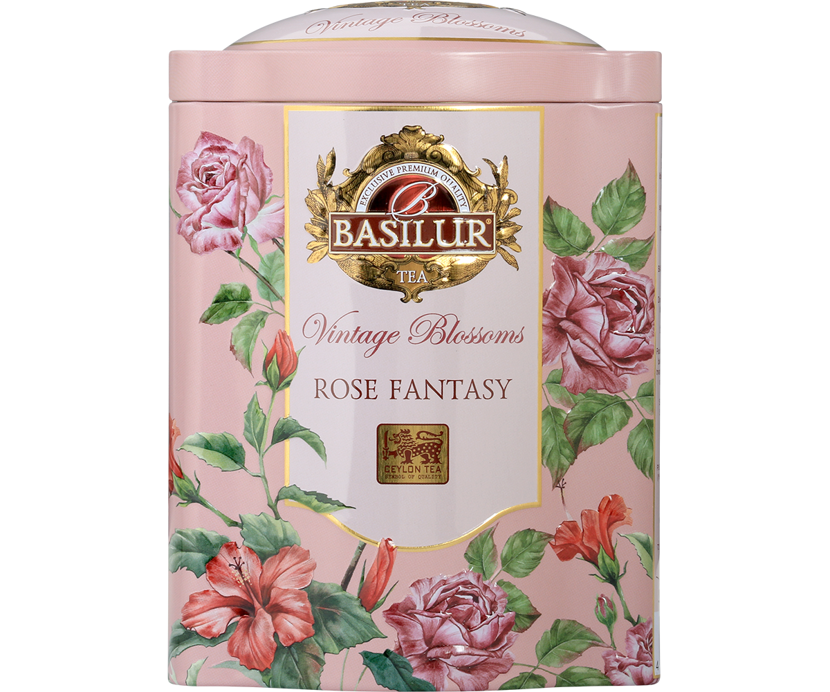 Puszka herbaty Basilur Rose Fantasy z motywem róż w pastelowych barwach.