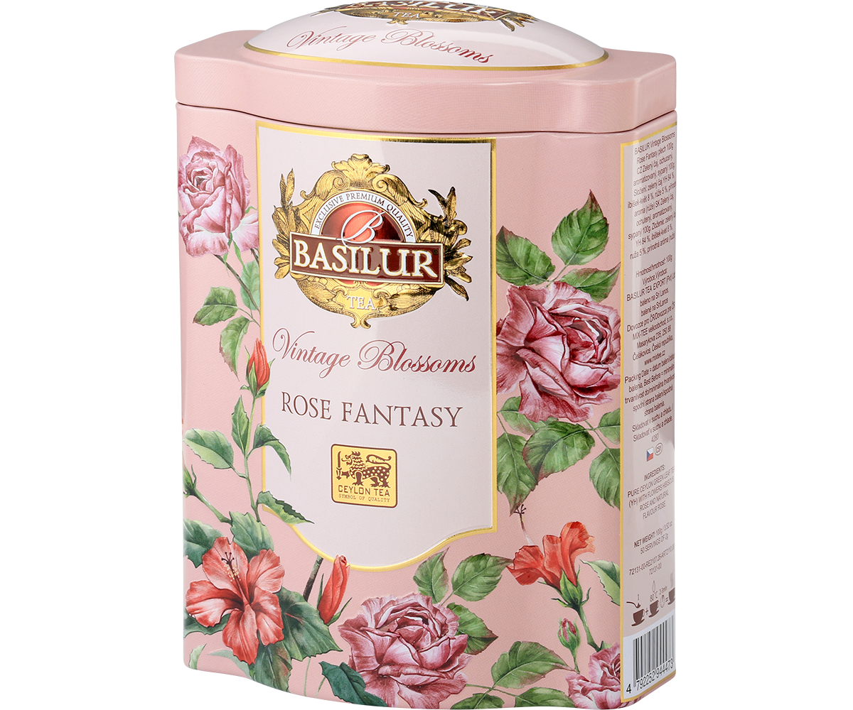 Przód ozdobnej puszki Basilur Rose Fantasy zielona herbata cejlońska.