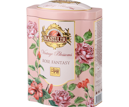 Przód ozdobnej puszki Basilur Rose Fantasy zielona herbata cejlońska.