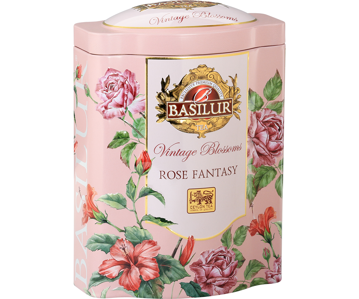 Bok puszki Basilur Rose Fantasy z informacjami o składzie i logo Basilur Tea.