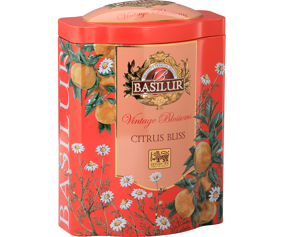 Puszka herbaty Basilur Citrus Bliss zielona herbata cejlońska o cytrusowym aromacie.