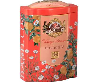 Puszka herbaty Basilur Citrus Bliss zielona herbata cejlońska o cytrusowym aromacie.