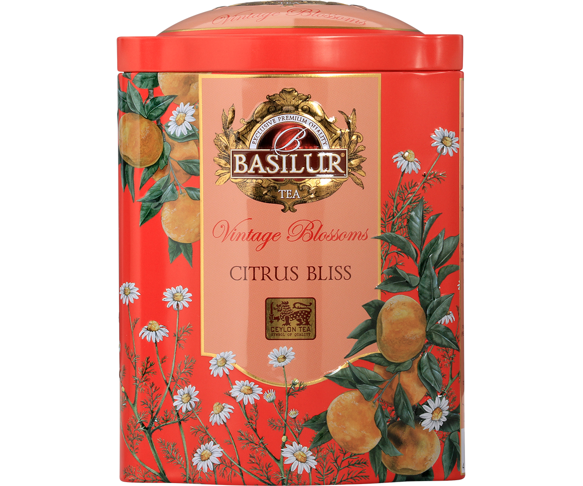 Przód ozdobnej puszki Basilur Citrus Bliss z motywem pomarańczy i kwiatów.