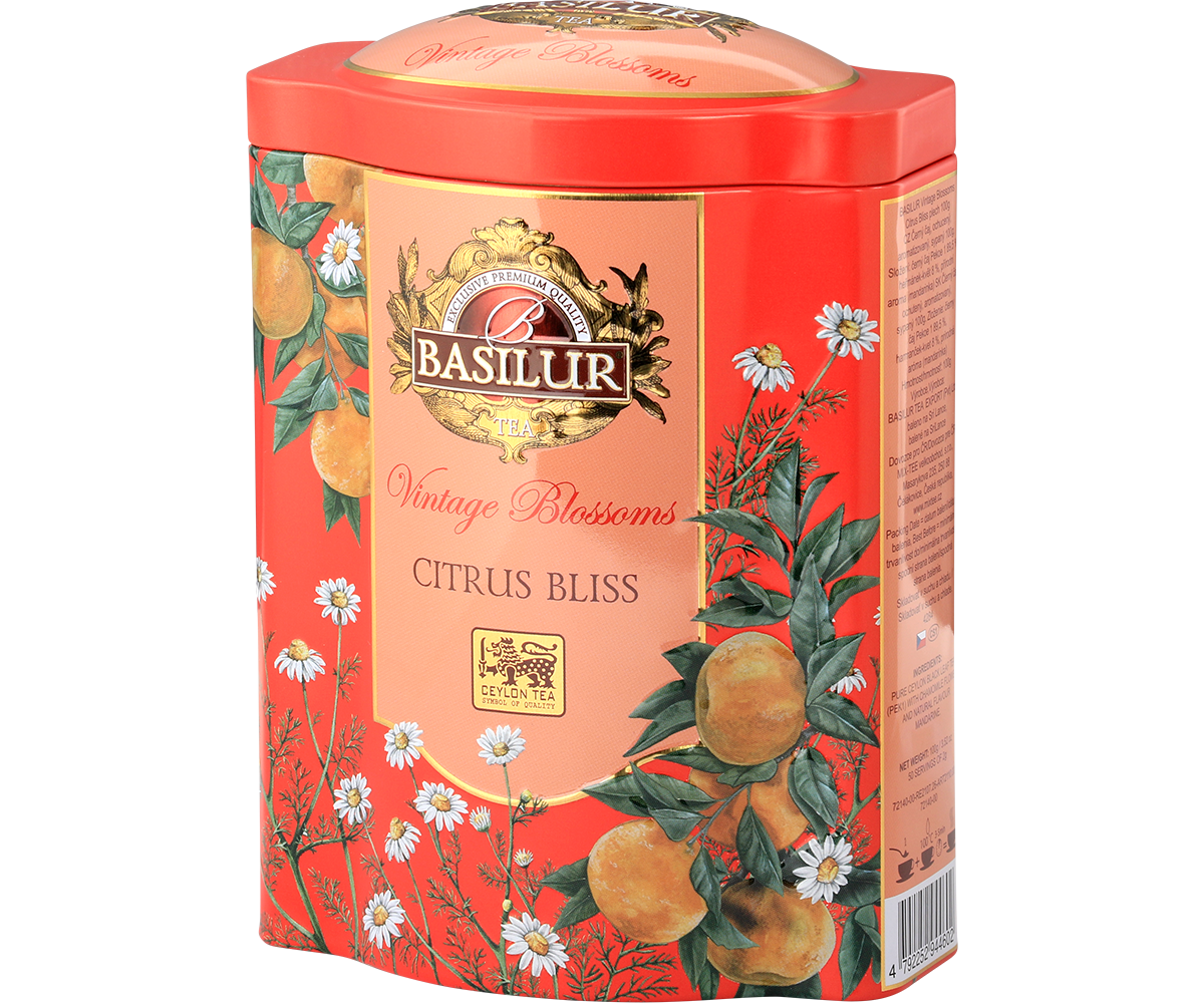 Bok puszki Basilur Citrus Bliss z informacjami o składzie i logo Basilur Tea.