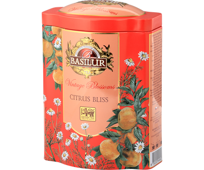 Bok puszki Basilur Citrus Bliss z informacjami o składzie i logo Basilur Tea.