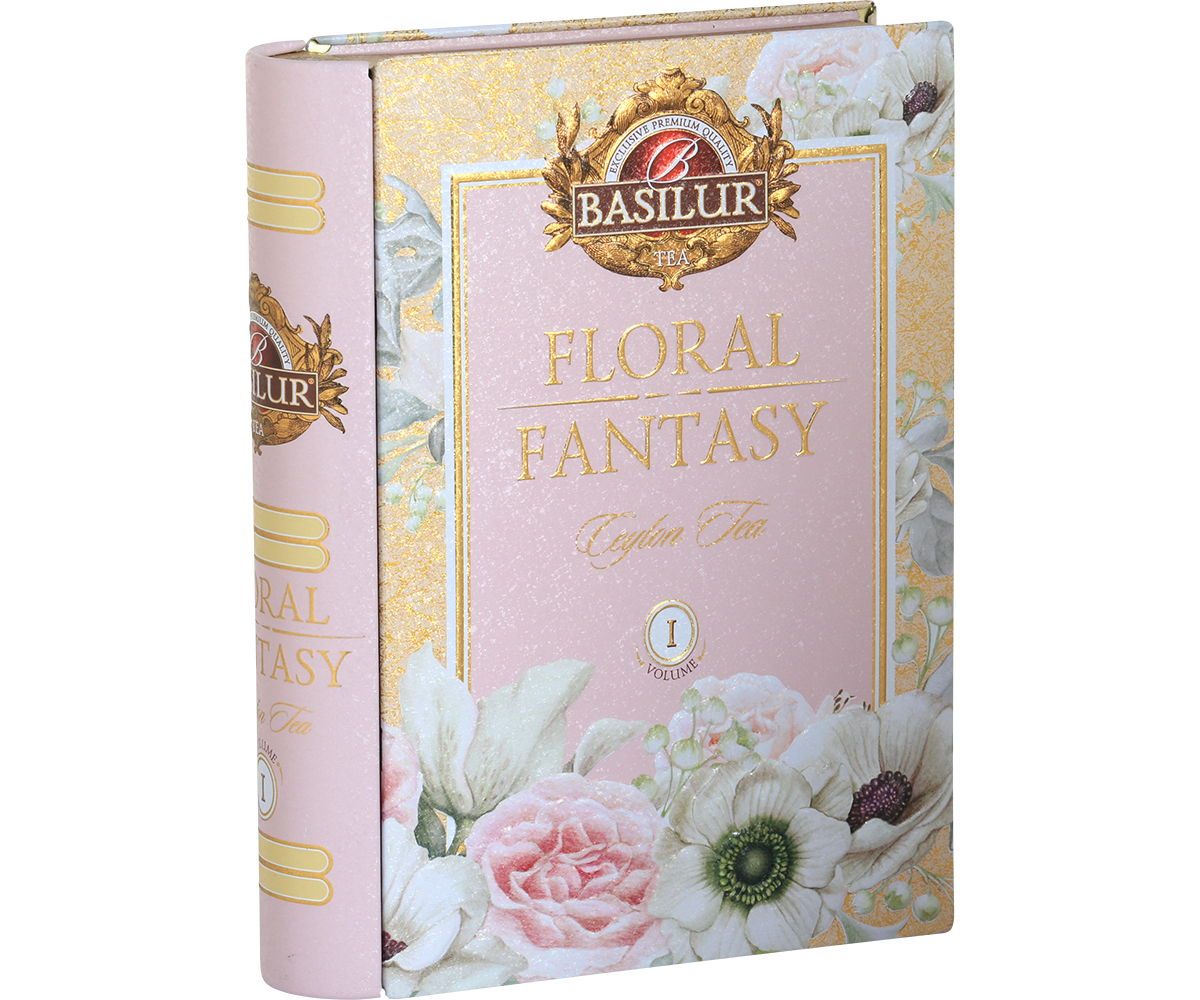 Puszka Basilur Floral Fantasy Book vol. I w kształcie książki z kwiatowym motywem.