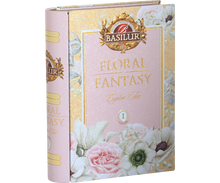 Puszka Basilur Floral Fantasy Book vol. I w kształcie książki z kwiatowym motywem.