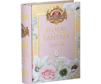 Puszka Basilur Floral Fantasy Book vol. I w kształcie książki z kwiatowym motywem.