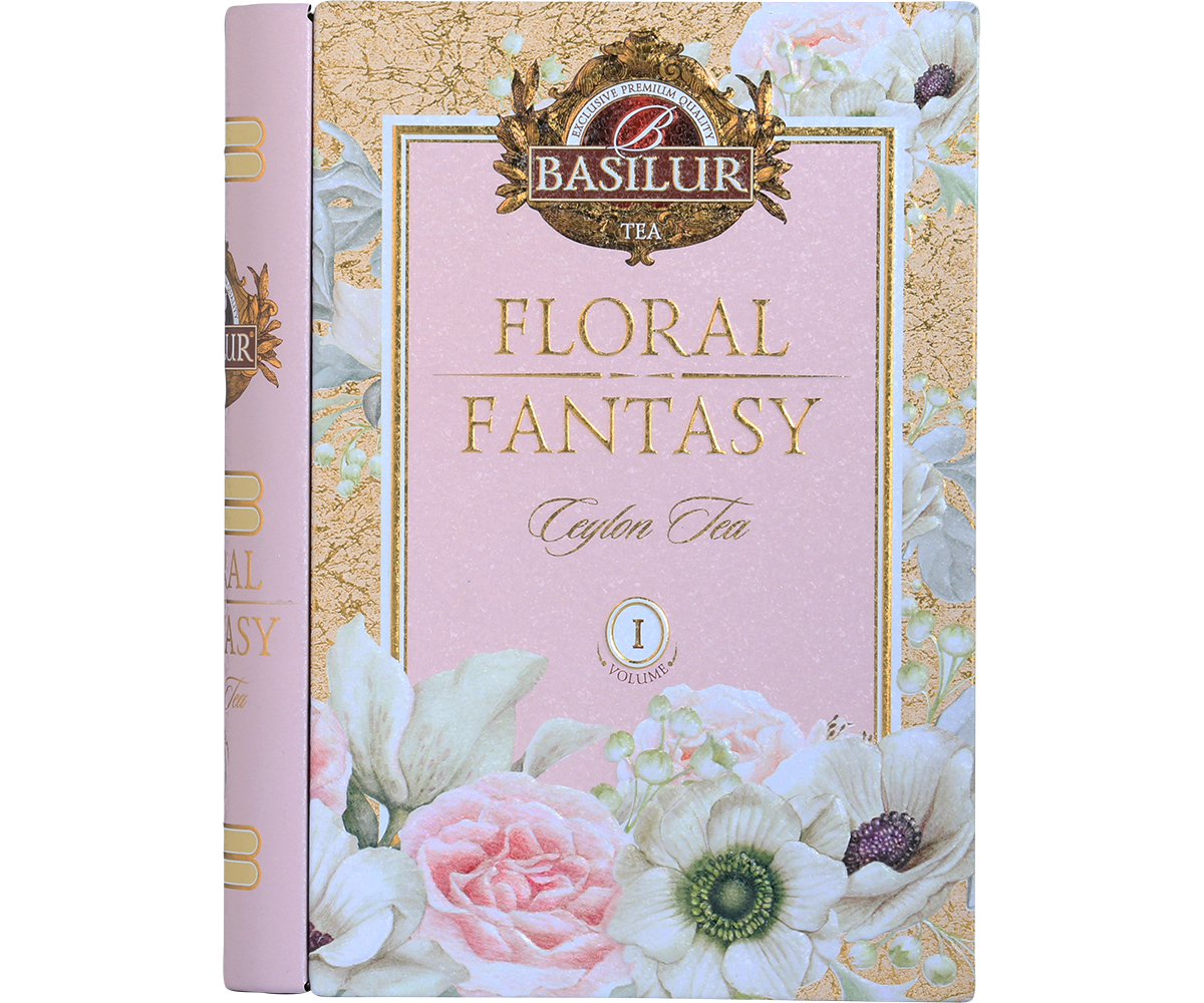 Przód herbaty Basilur Floral Fantasy Book vol. I z logo i złoceniami.
