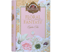 Przód herbaty Basilur Floral Fantasy Book vol. I z logo i złoceniami.