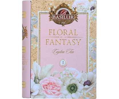 Przód herbaty Basilur Floral Fantasy Book vol. I z logo i złoceniami.