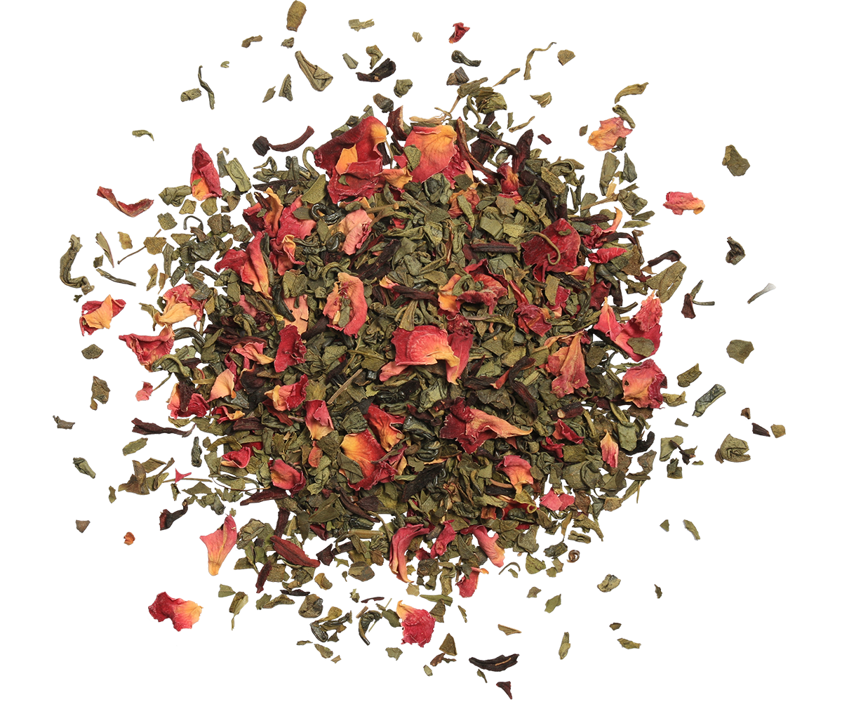 Mieszanka herbaty Basilur Floral Fantasy z płatkami kwiatów i liśćmi zielonej herbaty.