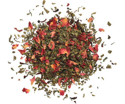 Mieszanka herbaty Basilur Floral Fantasy z płatkami kwiatów i liśćmi zielonej herbaty.