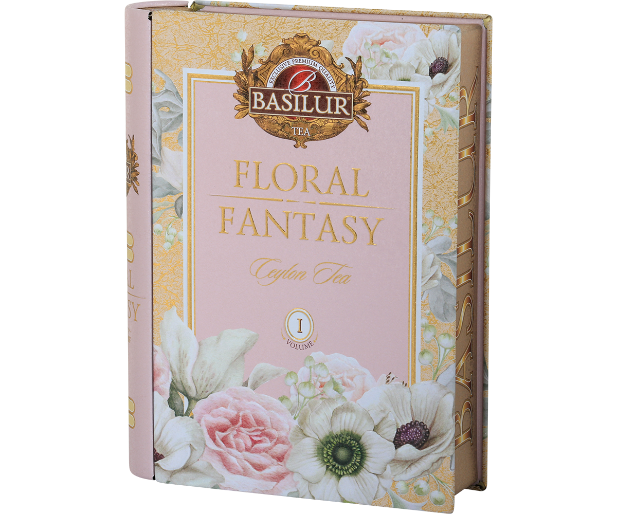 Bok puszki Basilur Floral Fantasy Book vol. I z ozdobnym wzorem i napisem.