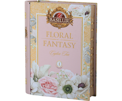 Bok puszki Basilur Floral Fantasy Book vol. I z ozdobnym wzorem i napisem.
