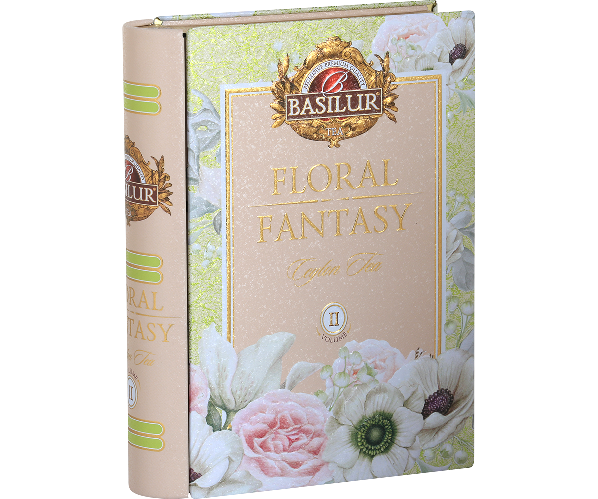 Puszka Basilur Floral Fantasy Book vol. II w kształcie książki z kwiatowym motywem.