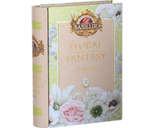 Puszka Basilur Floral Fantasy Book vol. II w kształcie książki z kwiatowym motywem.