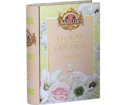 Puszka Basilur Floral Fantasy Book vol. II w kształcie książki z kwiatowym motywem.