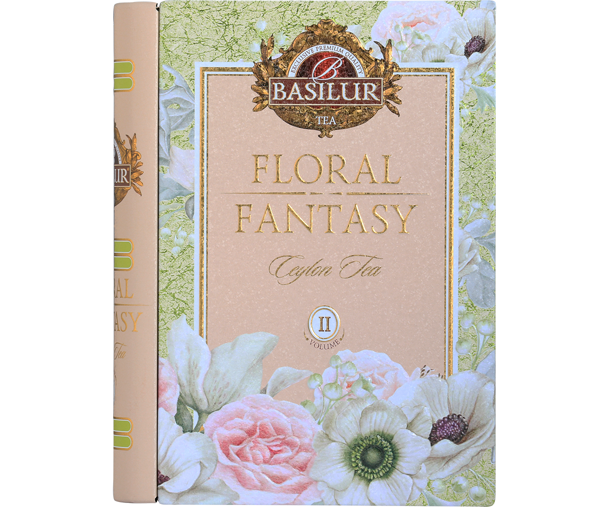 Przód ozdobnej puszki Basilur Floral Fantasy Book vol. II z logo i złoceniami.