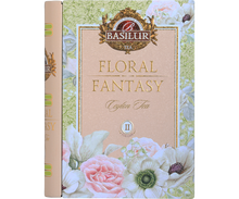 Przód ozdobnej puszki Basilur Floral Fantasy Book vol. II z logo i złoceniami.