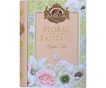 Przód ozdobnej puszki Basilur Floral Fantasy Book vol. II z logo i złoceniami.