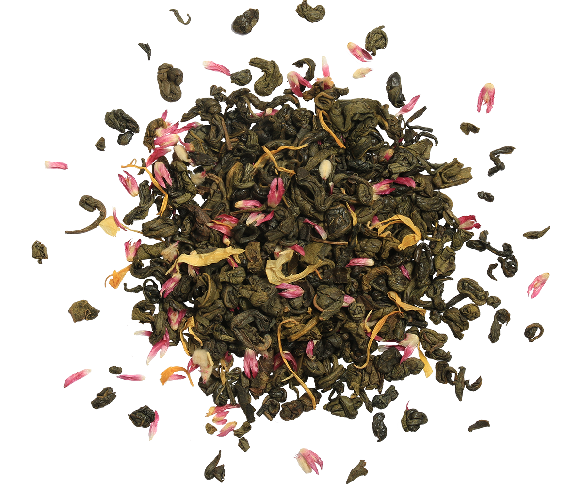 Mieszanka herbaty Basilur Floral Fantasy vol. II z zieloną herbatą i płatkami kwiatów.