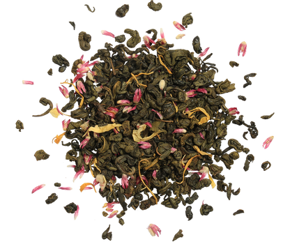 Mieszanka herbaty Basilur Floral Fantasy vol. II z zieloną herbatą i płatkami kwiatów.