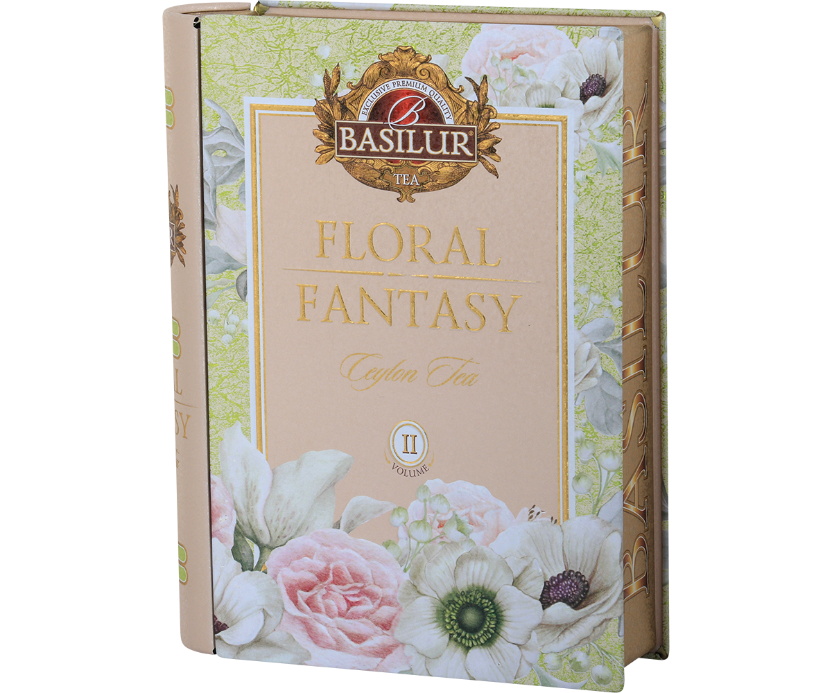 Bok puszki Basilur Floral Fantasy Book vol. II z ozdobnym wzorem i napisem.