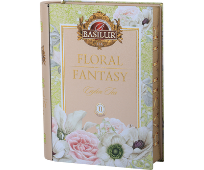 Bok puszki Basilur Floral Fantasy Book vol. II z ozdobnym wzorem i napisem.