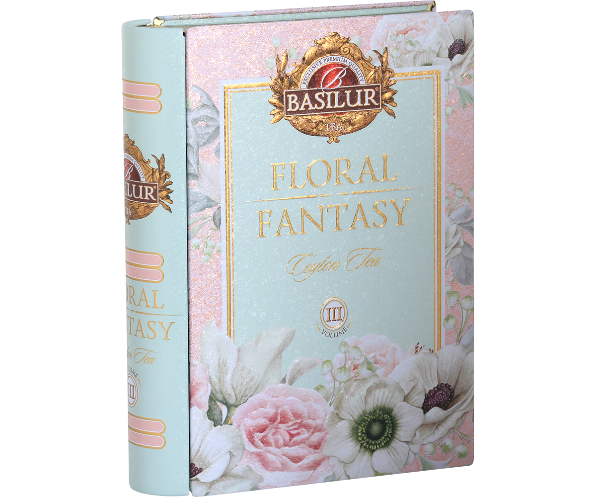 Puszka herbaty Basilur Floral Fantasy Book vol. III w kształcie książki z kwiatowym motywem.