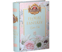 Puszka herbaty Basilur Floral Fantasy Book vol. III w kształcie książki z kwiatowym motywem.