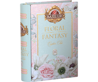 Puszka herbaty Basilur Floral Fantasy Book vol. III w kształcie książki z kwiatowym motywem.