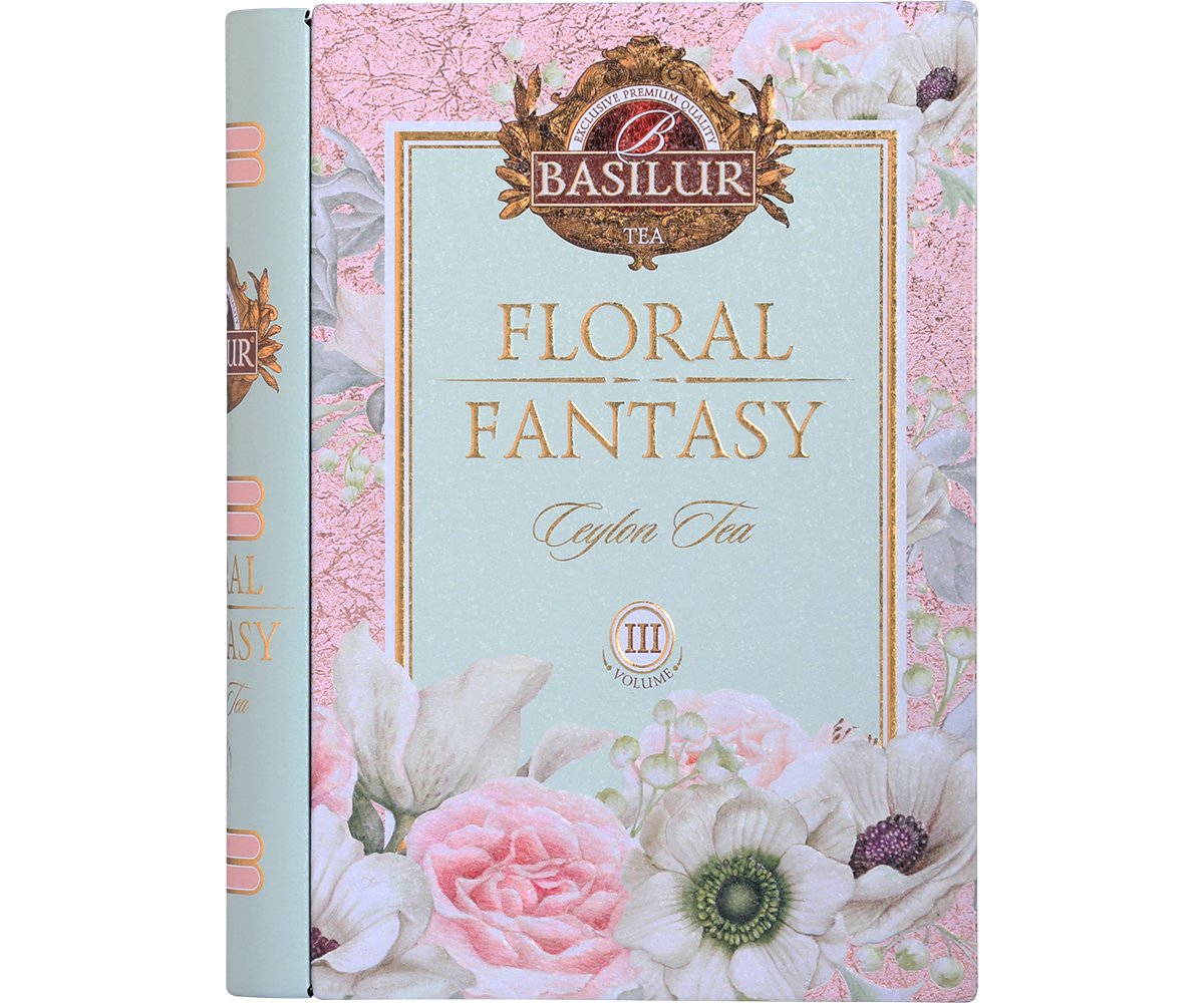 Przód ozdobnej puszki Basilur Floral Fantasy Book vol. III z logo Basilur i złotymi zdobieniami.