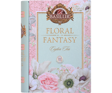 Przód ozdobnej puszki Basilur Floral Fantasy Book vol. III z logo Basilur i złotymi zdobieniami.