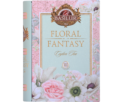 Przód ozdobnej puszki Basilur Floral Fantasy Book vol. III z logo Basilur i złotymi zdobieniami.