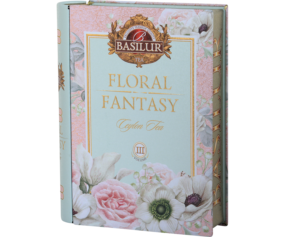 Bok puszki Basilur Floral Fantasy Book vol. III z pastelowym motywem kwiatowym.